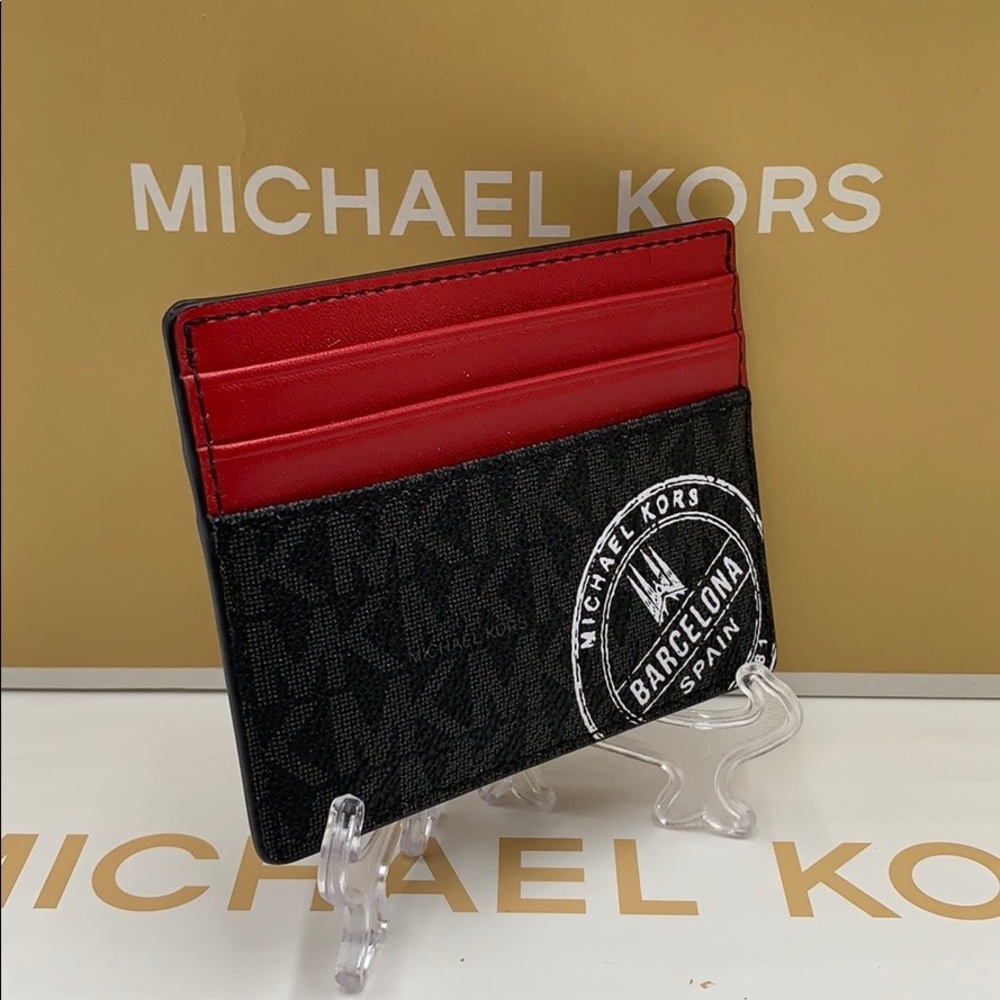 MICHAEL KORS TALL CARD CASE BLACK/SCARLET - Picture 1 of 16